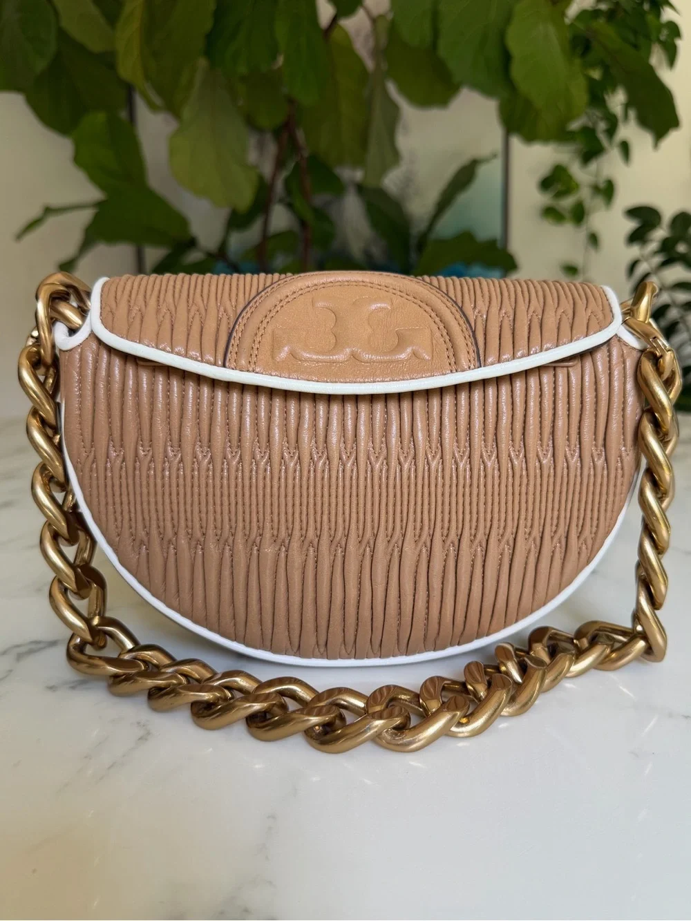 Tory Burch Fleming Soft Pleated Mini Crescent Bag Dusty Almond Leather w/ Chain